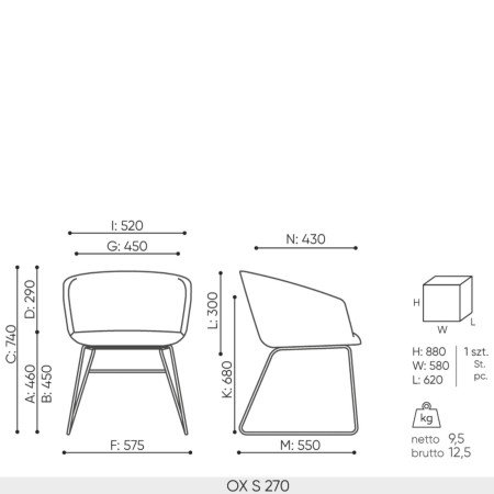 Schéma technique chaise OX S 270 dimensions