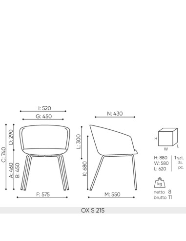Dimensions Chaise fixe OX S 215 pour espaces professionnels