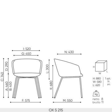 Dimensions Chaise fixe OX S 215 pour espaces professionnels