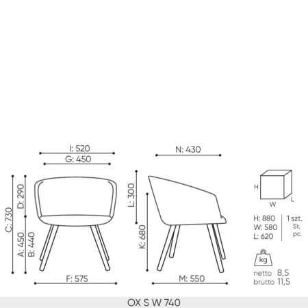 Schéma technique chaise OX S W 740 dimensions professionnelles