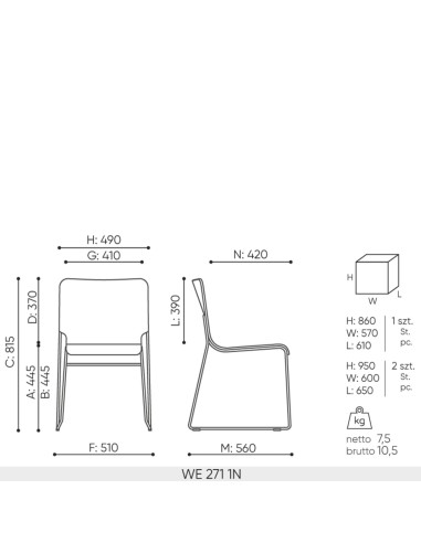 Schéma technique chaise WE 271 dimensions