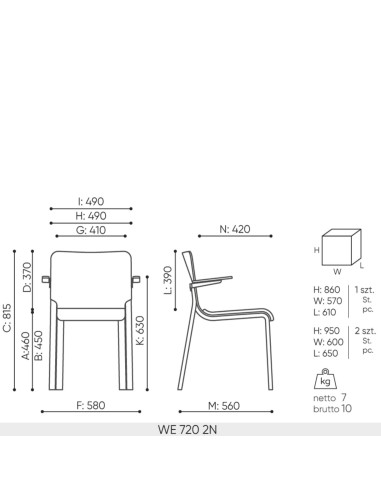 Schéma technique chaise WE 720 dimensions et empilage
