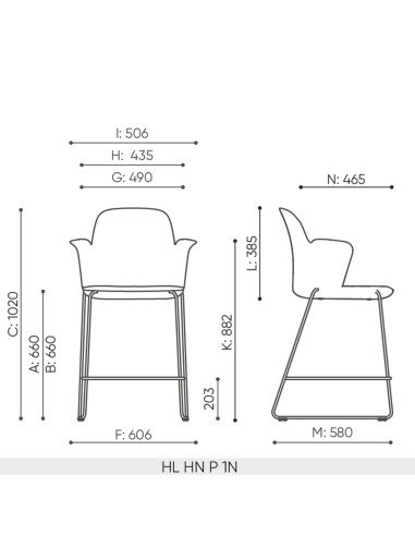 Schéma technique tabouret de bar HL HN P avec accoudoirs