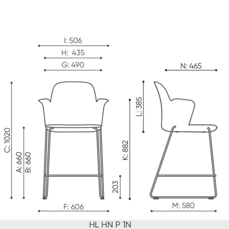 Schéma technique tabouret de bar HL HN P avec accoudoirs