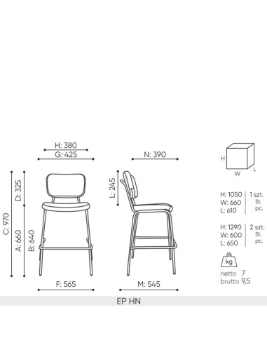 Schéma technique tabouret EP HN dimensions
