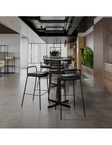 Salle de pause en entreprise avec tables hautes et tabourets de bar avec coussin Momo en noir
