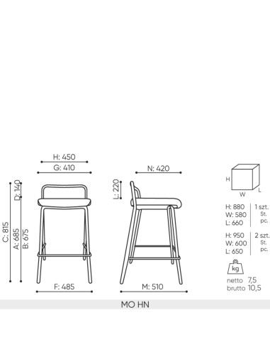 Schéma technique chaise haute MO HN dimensions
