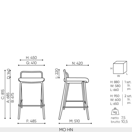 Schéma technique chaise haute MO HN dimensions