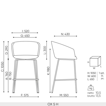 Schéma technique chaise haute OX S H dimensions