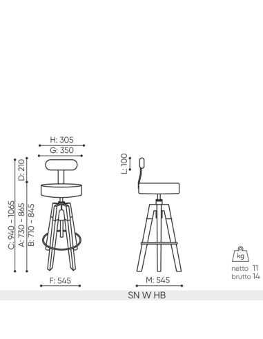 Schéma technique tabouret Spin SN W HB1 dimensions