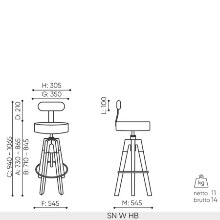 Schéma technique tabouret Spin SN W HB1 dimensions