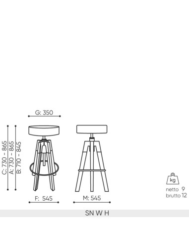 Schéma technique tabouret Spin SN W H dimensions