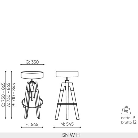 Schéma technique tabouret Spin SN W H dimensions