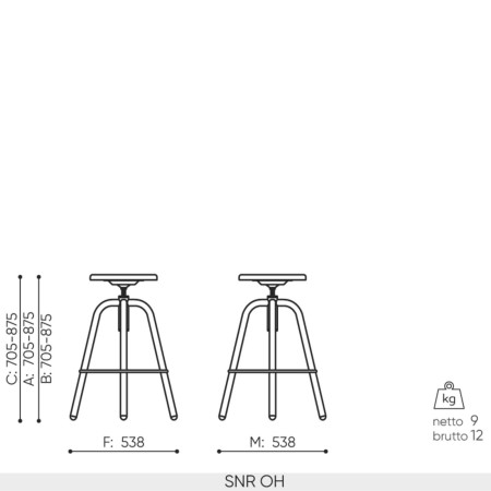 Schéma technique tabouret Spin SNR OH dimensions
