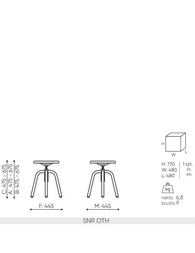 Schéma technique tabouret Spin SNR OTH dimensions