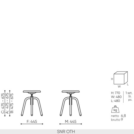 Schéma technique tabouret Spin SNR OTH dimensions