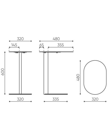 Schéma des dimensions de la table d’appoint ovale - Ovall