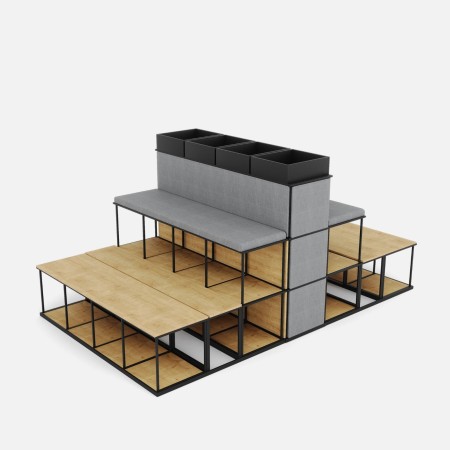 Banc gradins design Saar Steps avec espace de rangement modulaire pour espaces de formation suisses