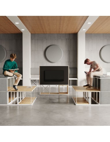 Gradins design avec rangement intégré structure métal blanc pour espaces suisses Saar