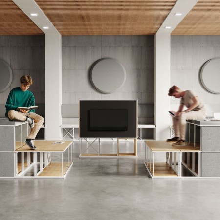 Gradins design avec rangement intégré structure métal blanc pour espaces suisses Saar