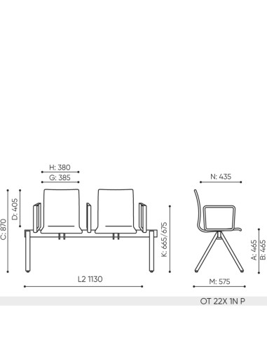 Schéma technique banc Orte OT 222 dimensions 2 places accoudoirs