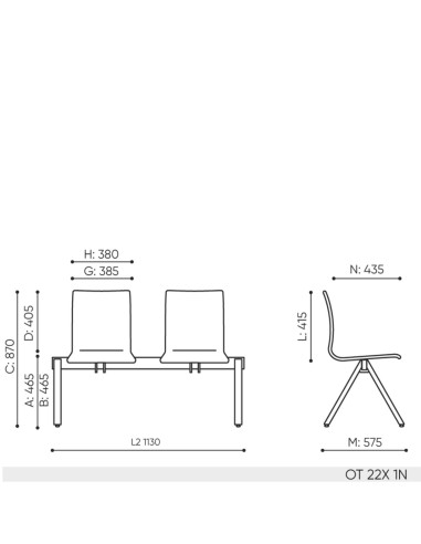 Schéma technique banc Orte OT 222 dimensions 2 places