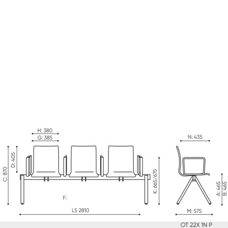 Schéma technique banc OT 225 dimensions 5 places accoudoirs