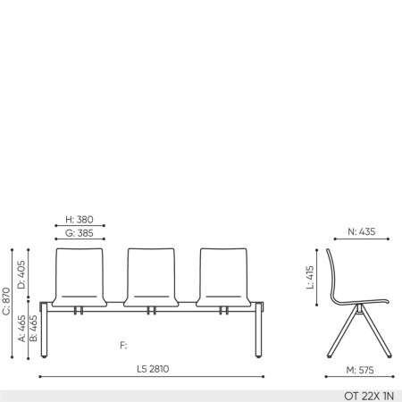 Schéma technique banc OT 225 dimensions 5 places