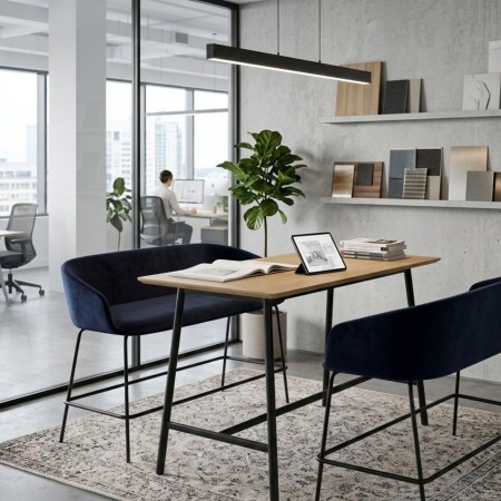 Banquette haute bleu marine tapissée avec piètement métallique noir, vue de face - Oxco small 2