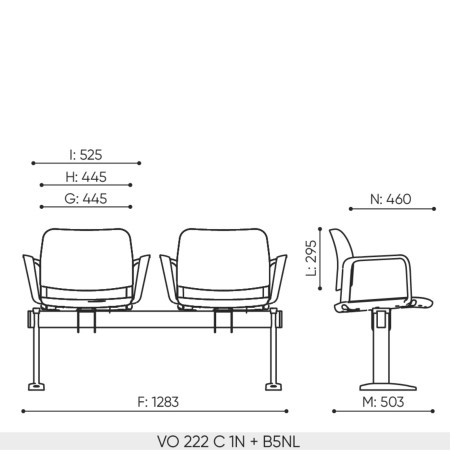 Schéma technique Volo VO 222 dimensions 2 places base 3 accoudoirs