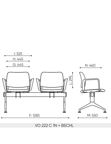 Schéma technique Volo VO 222 dimensions 2 places base 2 accoudoirs