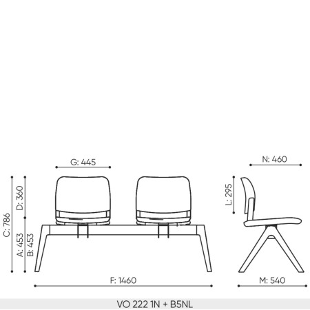 Schéma technique Volo VO 222 dimensions 2 places base 3 accoudoirs