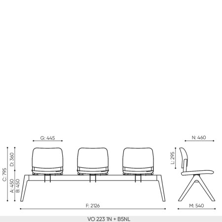 Plan dimensions banc 3 places Volo base B5NL longueur 2126 mm hauteur assise 450 mm usage accueil