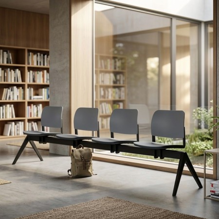 Banc 4 places coques plastique gris structure noire poutre noire piètement incliné pour grande salle d’attente Volo VO 224 2