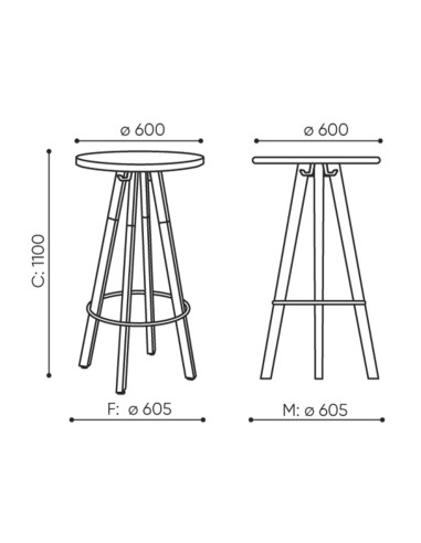 Dimensions tabouret haut bois et métal - Spin