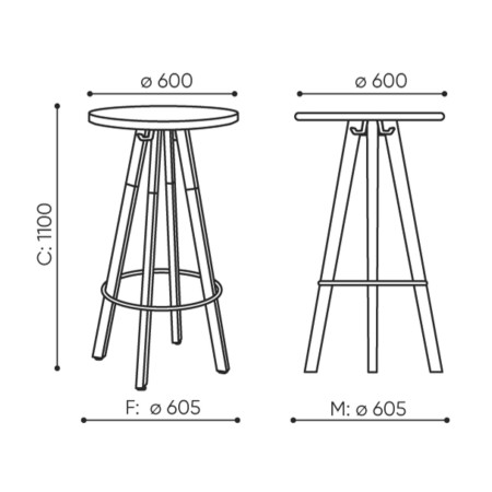 Dimensions tabouret haut bois et métal - Spin