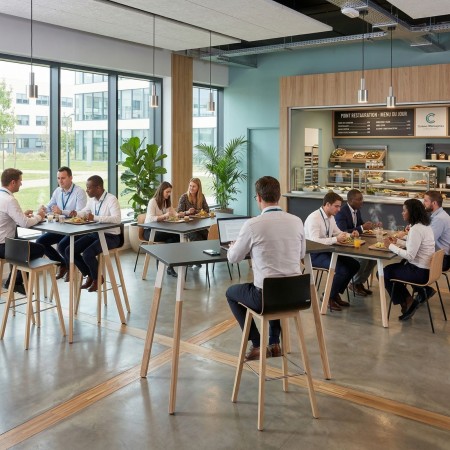 Table haute cafétéria entreprise Orte bois et métal dans espace pause de bureaux modernes à Genève.