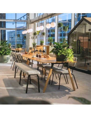 Cafétéria d’entreprise moderne avec tables et bancs industriels de la collection Spin à Zurich.