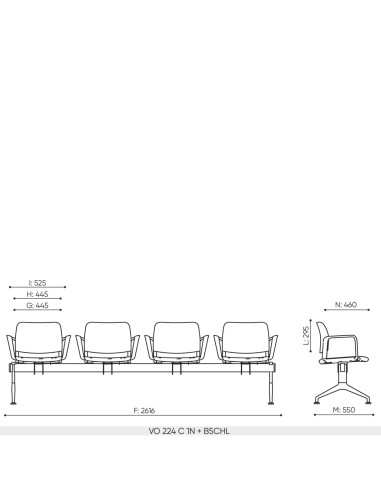 Plan dimensions banc 4 places Volo base B5CHL structure sur pieds pour zone d’attente et hall d’accueil