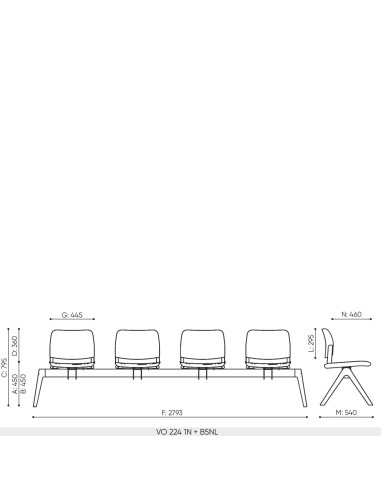 Plan dimensions banc 4 places Volo base B5NL longueur 2793 mm profondeur 540 mm hauteur assise 450 mm