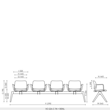 Plan dimensions banc 4 places Volo base B5TL fixation au sol pour usage intensif espaces publics et accueil