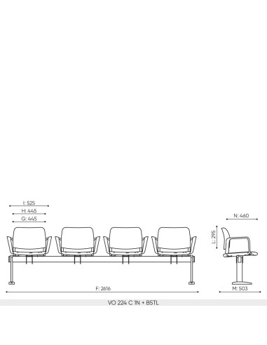 Plan dimensions banc 4 places Volo base B5TL pour usage intensif espaces publics et accueil
