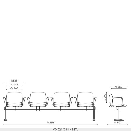 Plan dimensions banc 4 places Volo base B5TL pour usage intensif espaces publics et accueil