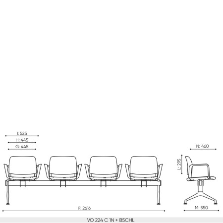 Plan dimensions banc 4 places Volo base B5CHL structure sur pieds pour zone d’attente et hall d’accueil