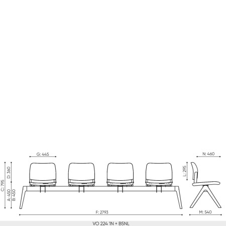 Plan dimensions banc 4 places Volo base B5NL longueur 2793 mm profondeur 540 mm hauteur assise 450 mm