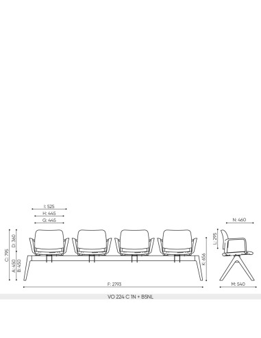 Plan dimensions banc 4 places Volo base B5TL fixation au sol pour usage intensif espaces publics et accueil