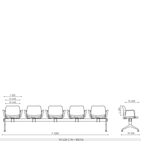 Plan dimensions banc 5 places Volo base B5CHL longueur 3282 mm profondeur 540 mm hauteur assise 450 mm