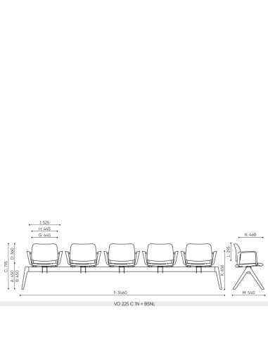 Plan dimensions banc 5 places Volo base B5NL longueur 3460 mm profondeur 540 mm hauteur totale 795 mm