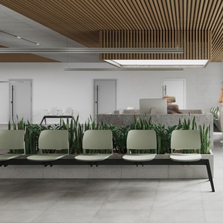 Salle d'attente à Genève avec poutre noire banc Volo structure porteuse alignement 5 places