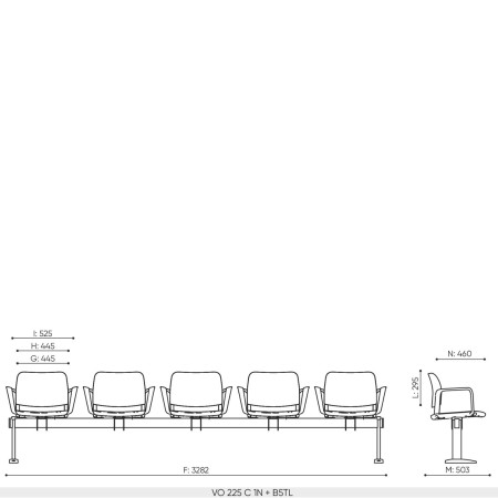 Plan dimensions banc 5 places Volo base B5TL fixation au sol longueur 3282 mm usage intensif accueil